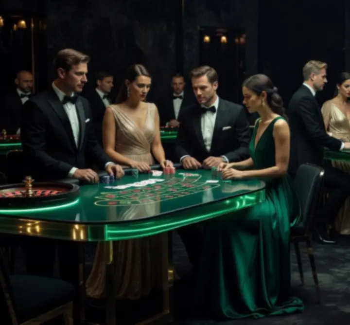 Luksusowy event kasynowy z pokerem, ruletką i eleganckimi gośćmi