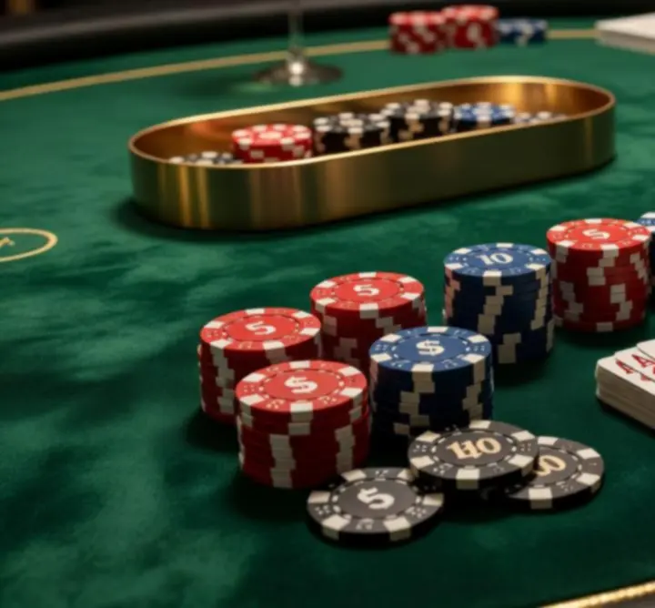 Profesjonalny stół pokerowy z żetonami kasynowymi